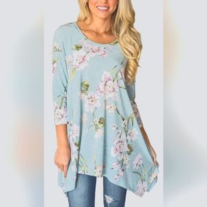 MIROL Women's Blue Floral 3/4 Sleeve Asymmetrical Tunic Top